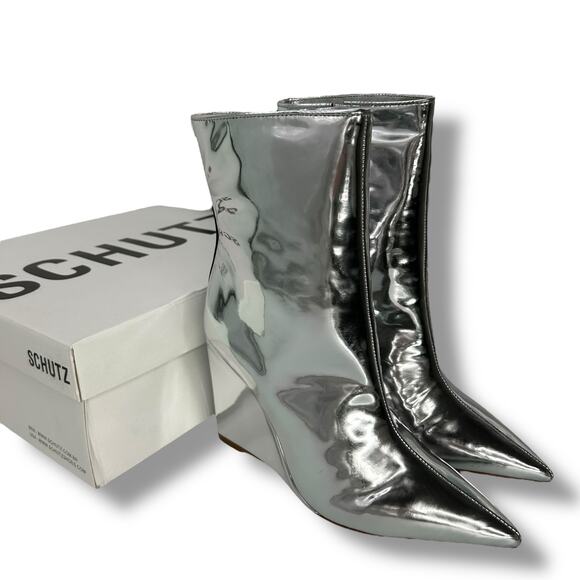 SCHUTZ Metallic Silver Heeled Boots - Picture 1 of 16